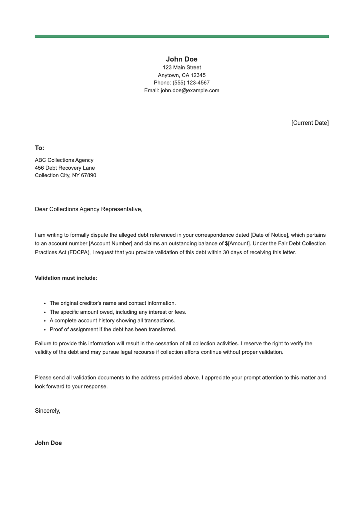 Debt verification request letter template with green header_variant_1